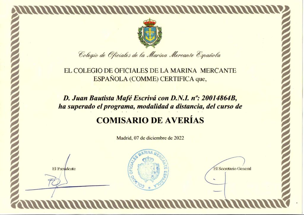 CERTIFICADO COMISARIO DE AVERIAS JUAN MAFE